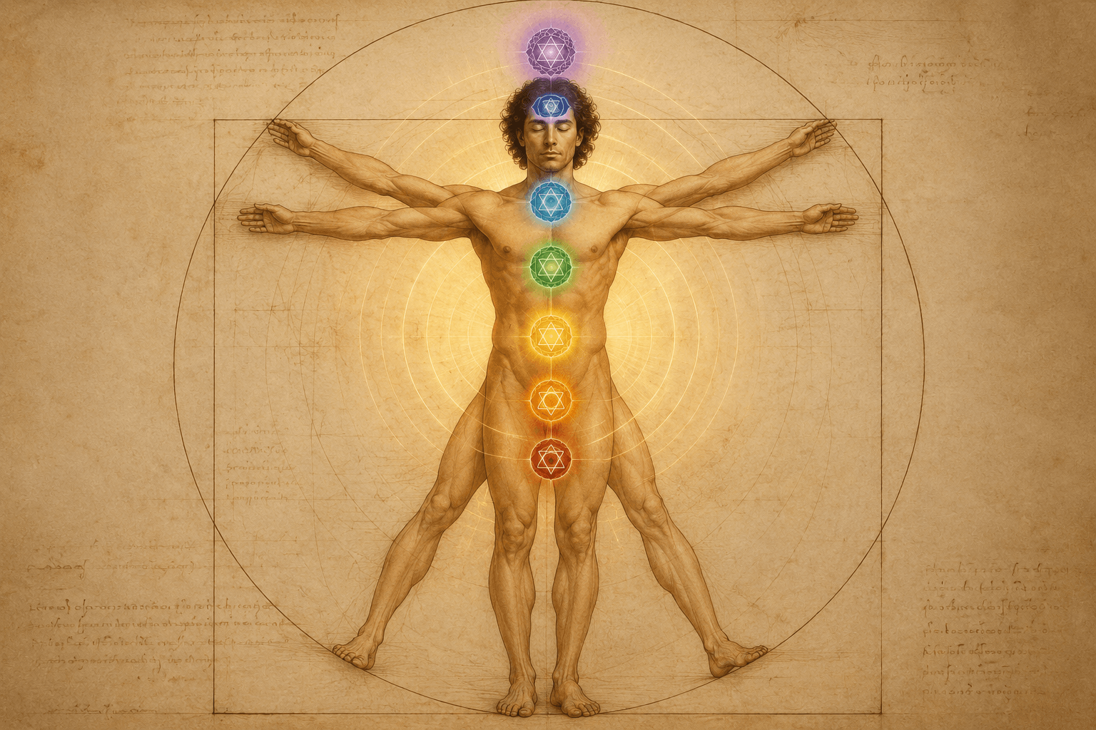 Representação inspirada no Homem de Vitruvio com centros energéticos alinhados, simbolizando a integração entre corpo, mente e sinais precoces de desequilíbrio.