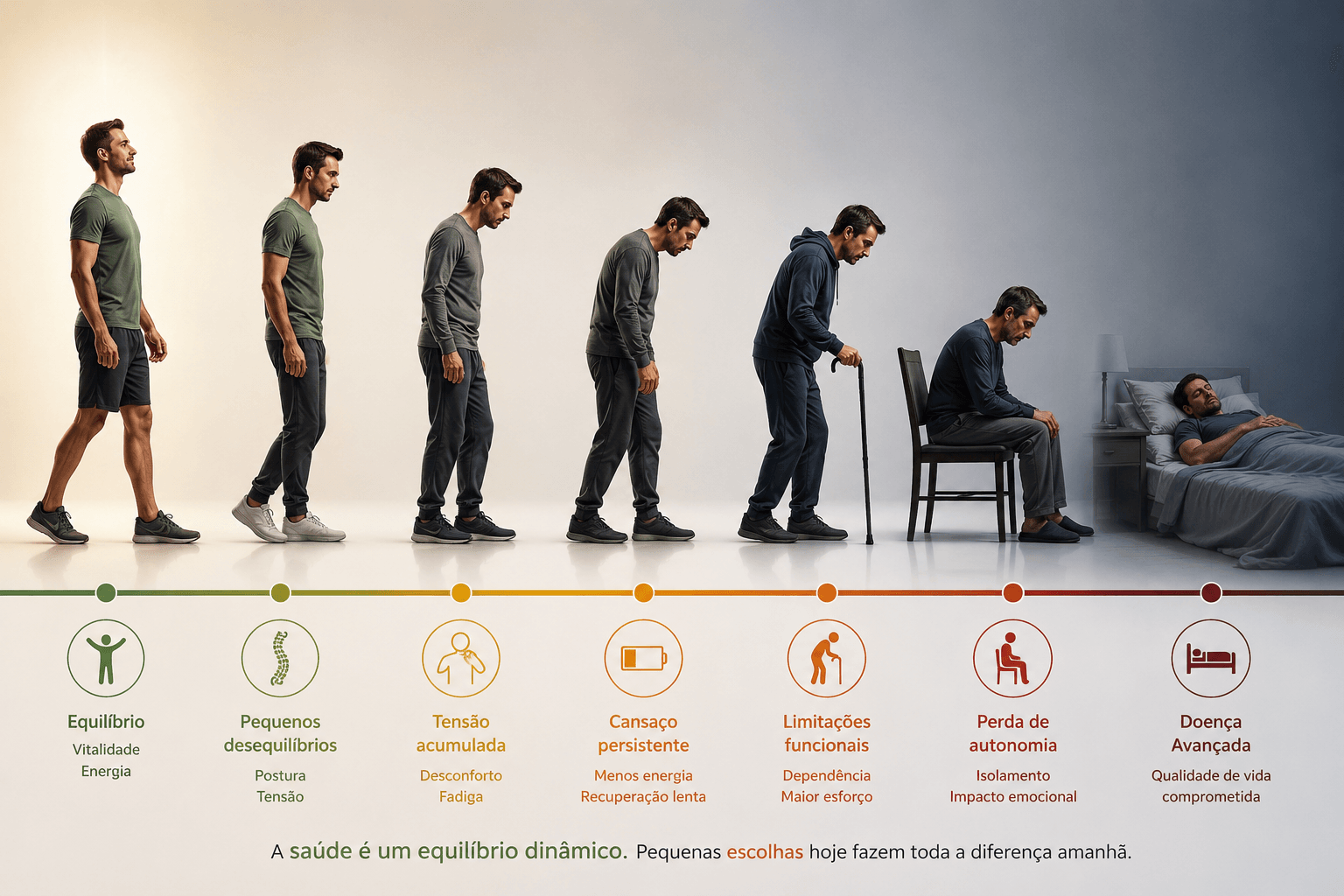 Infográfico mostrando a progressão entre pequenos desequilíbrios do organismo e o desenvolvimento gradual de limitações funcionais e doença ao longo do tempo.