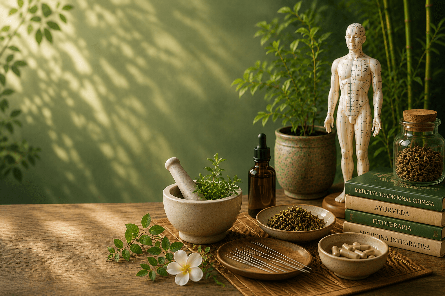 Materiais associados às medicinas tradicionais e integrativas, incluindo fitoterapia, acupuntura e representação do corpo humano, simbolizando diferentes abordagens de promoção da saúde.