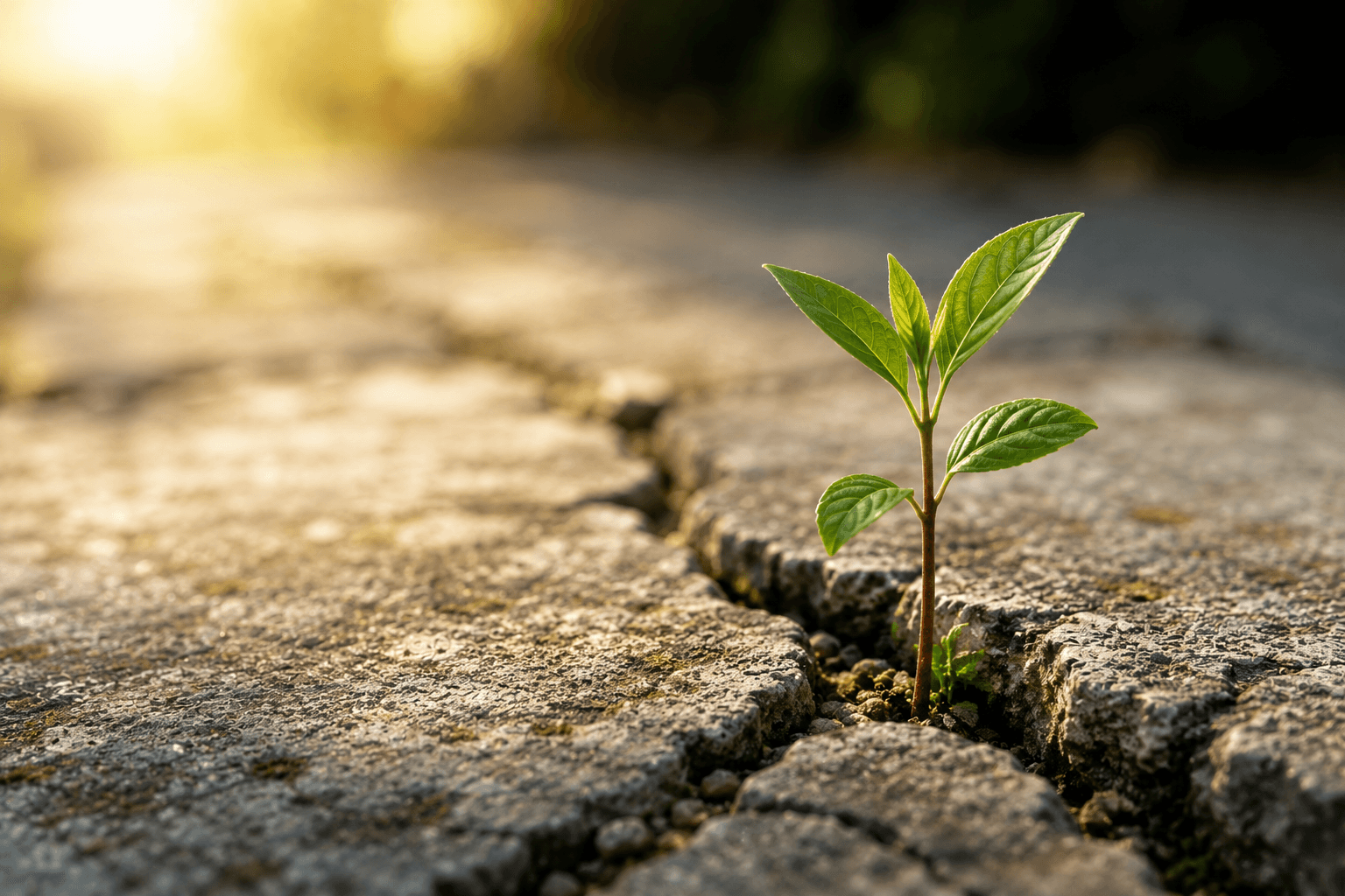 Pequena planta a nascer entre fendas de pedra, simbolizando como pequenas mudanças diárias podem produzir grandes resultados ao longo do tempo.