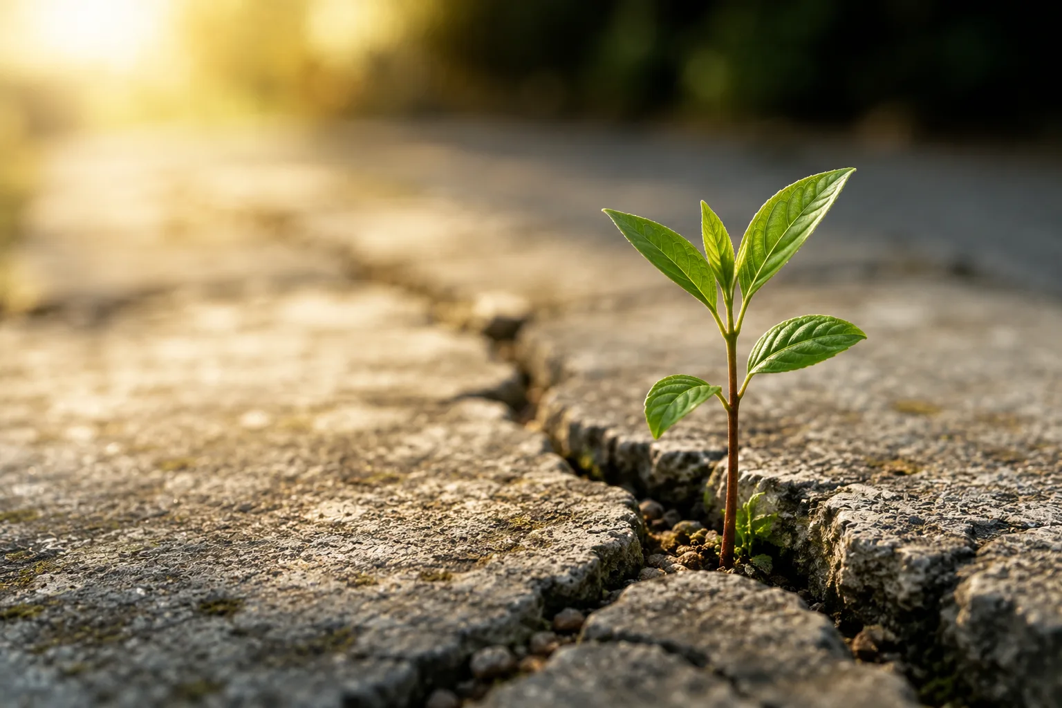 Pequena planta a nascer entre fendas de pedra, simbolizando como pequenas mudanças diárias podem produzir grandes resultados ao longo do tempo.