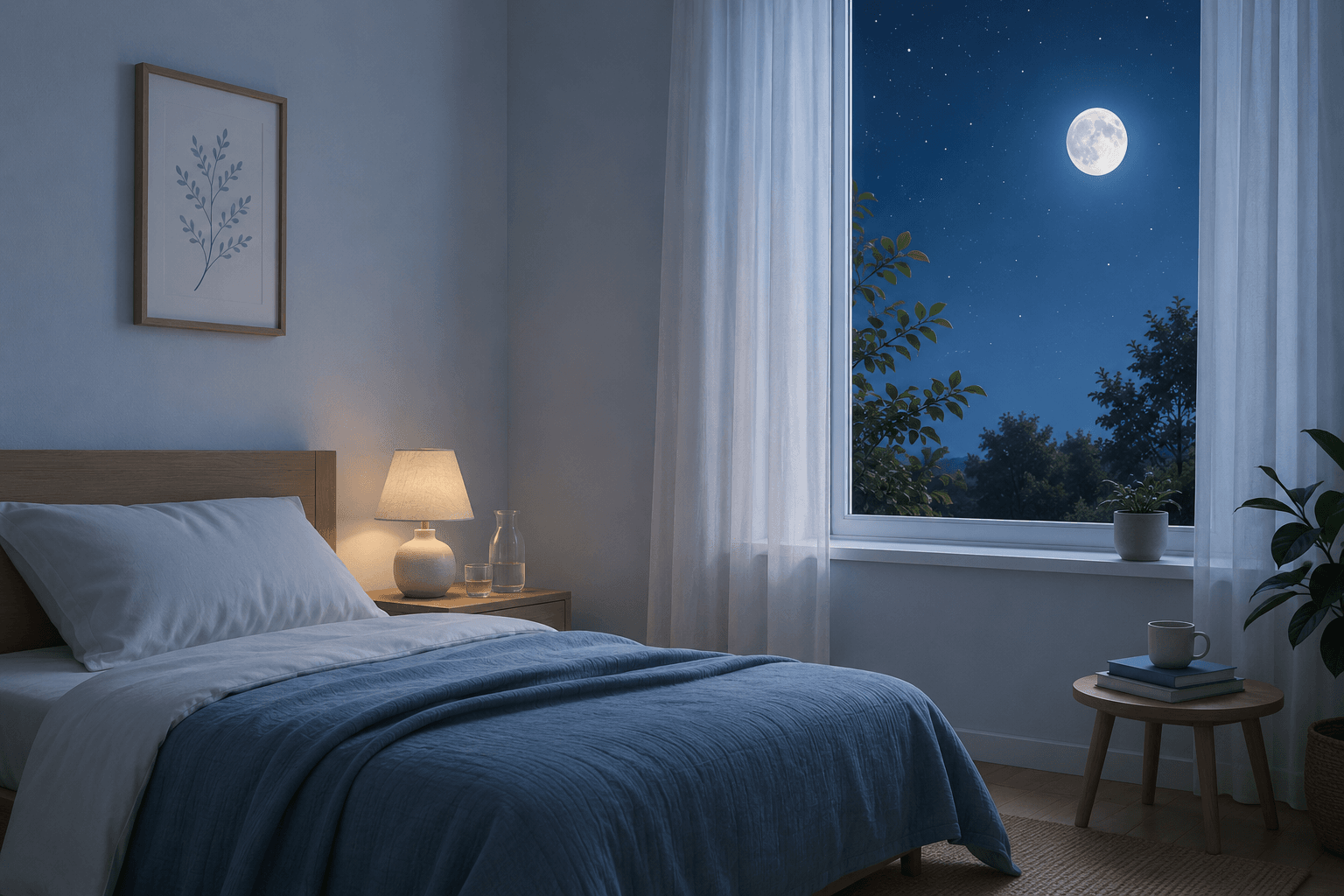 Quarto tranquilo iluminado pela luz da lua, simbolizando a importância do sono para o funcionamento adequado do organismo e para a recuperação física e mental.