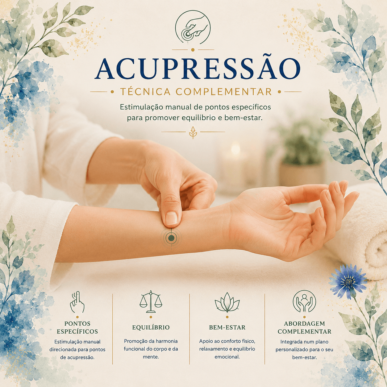 Infográfico ilustrado sobre a Acupressão como técnica terapêutica baseada na estimulação de pontos específicos do corpo.