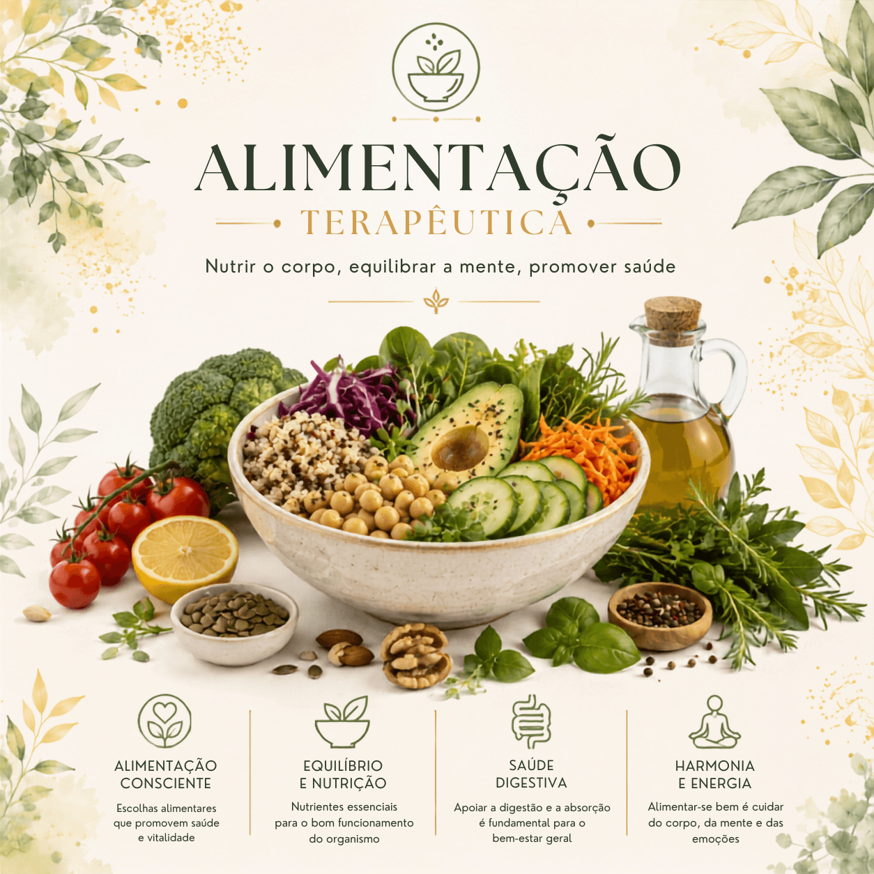 Infográfico ilustrado sobre a importância da alimentação terapêutica na promoção da saúde.