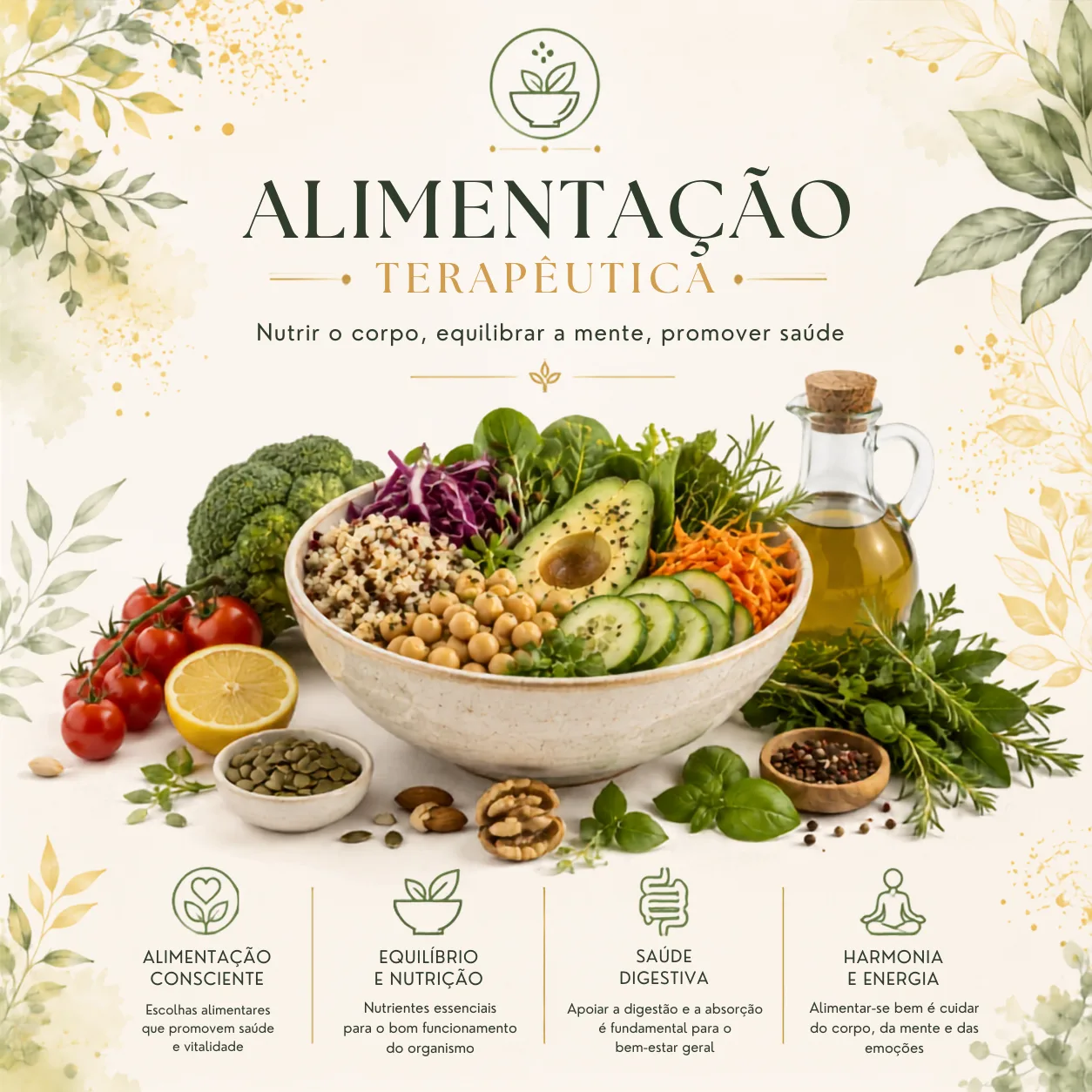Infográfico ilustrado sobre a importância da alimentação terapêutica na promoção da saúde.