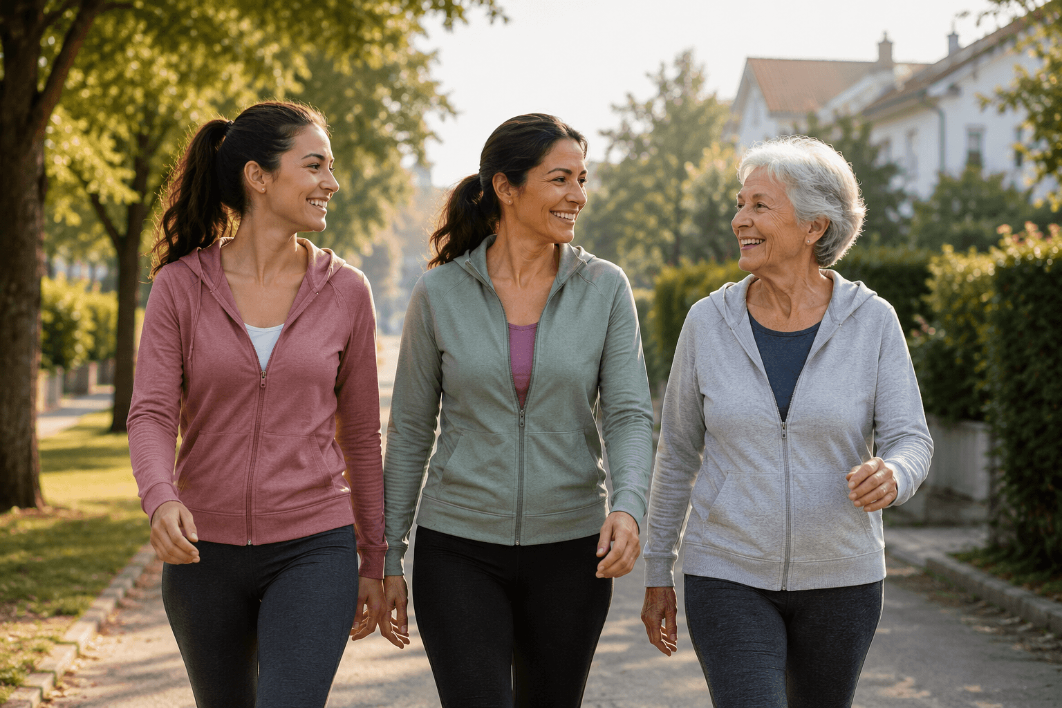 Três mulheres de diferentes gerações caminham juntas ao ar livre, simbolizando a saúde feminina em todas as fases da vida.
