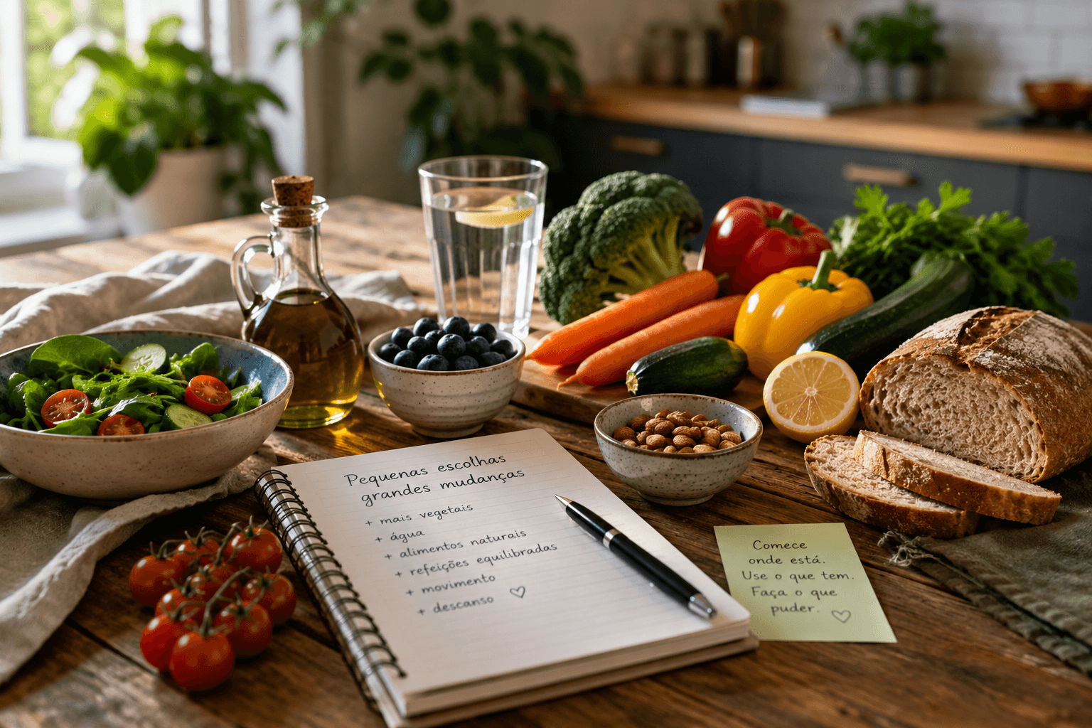 Mesa com alimentos frescos, legumes, fruta, pão, azeite e um plano alimentar, representando o início de uma alimentação saudável.