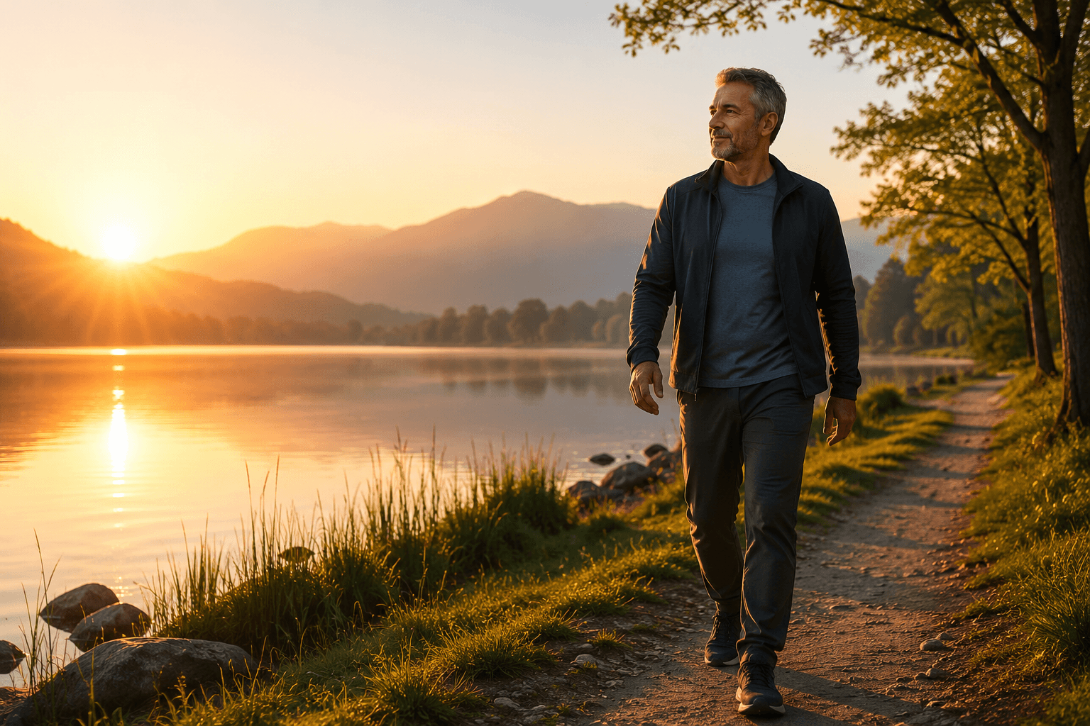 Homem adulto a caminhar junto a um lago ao nascer do sol, simbolizando vitalidade, prevenção e bem-estar masculino.