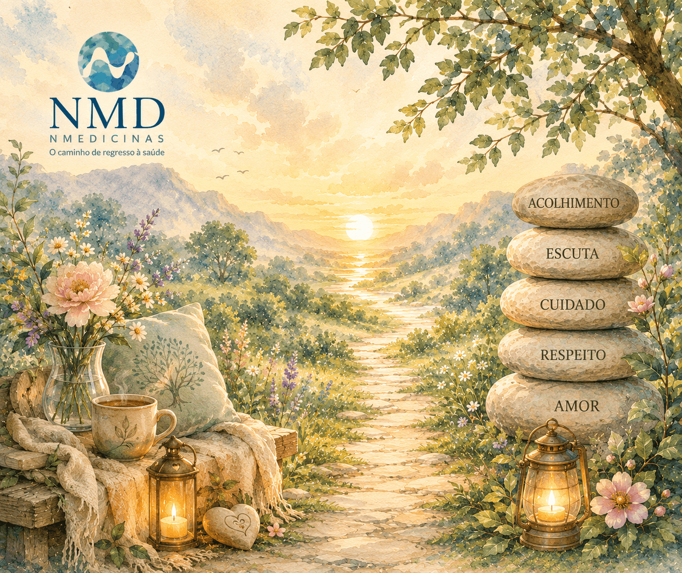 Ilustração em aguarela NMD representando o amor como princípio fundamental da Nmedicinas, simbolizado por elementos de acolhimento, luz, cuidado e serenidade.