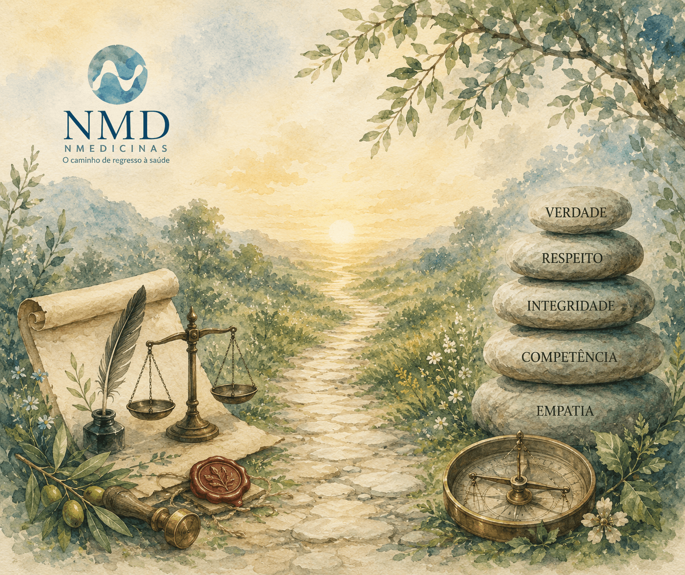 Ilustração em aguarela NMD representando a ética da Nmedicinas através de um caminho de equilíbrio, símbolos de justiça e princípios que orientam uma prática clínica humana, íntegra e responsável.