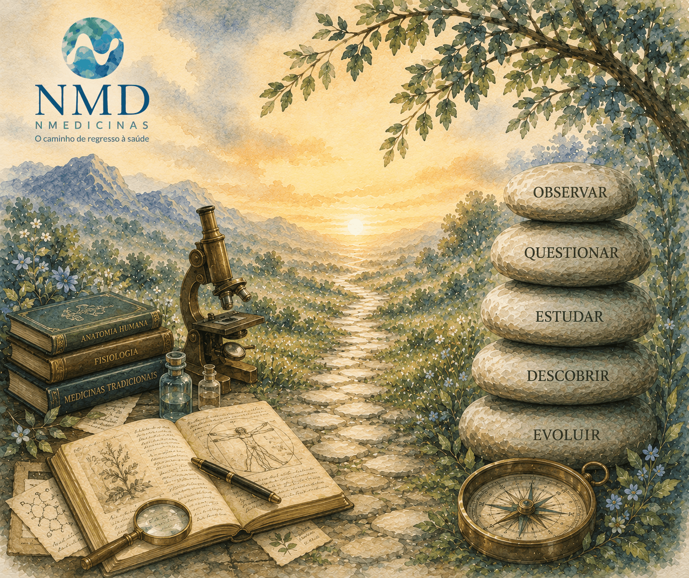 Ilustração em aguarela NMD representando a investigação na Nmedicinas através de livros, instrumentos científicos e estudo contínuo ao serviço da saúde integrativa.