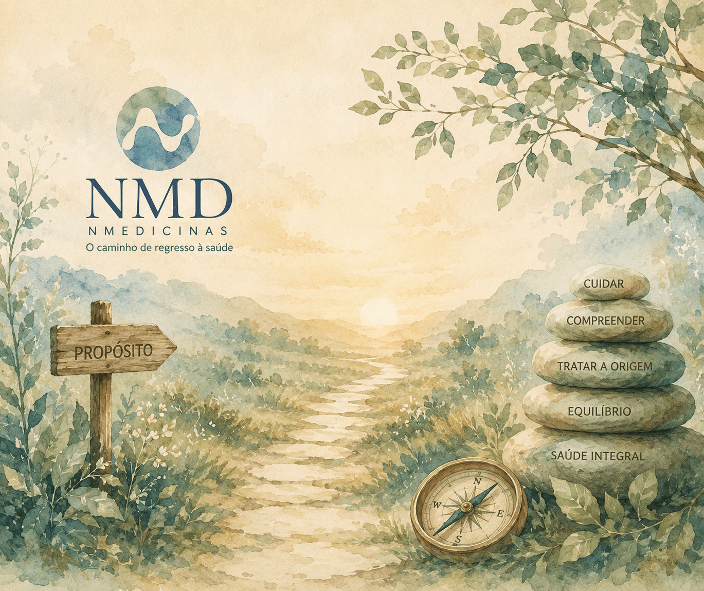 Ilustração em aguarela NMD que representa a missão da Nmedicinas: acompanhar cada pessoa no seu caminho de regresso à saúde através de uma abordagem humana, integrativa e personalizada.