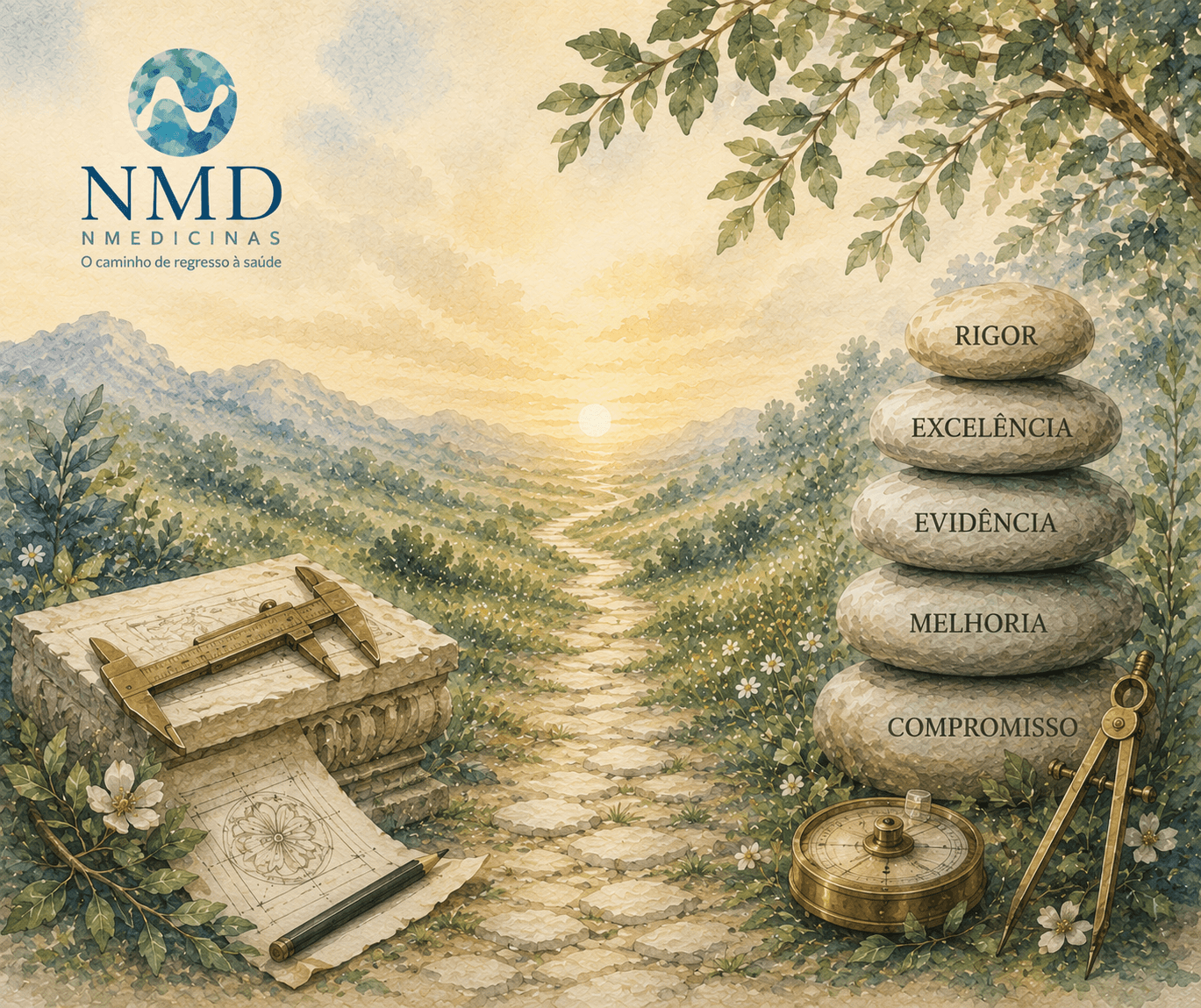 Ilustração em aguarela NMD representando a qualidade na Nmedicinas através de instrumentos de precisão e do compromisso com o rigor, a excelência e a melhoria contínua.