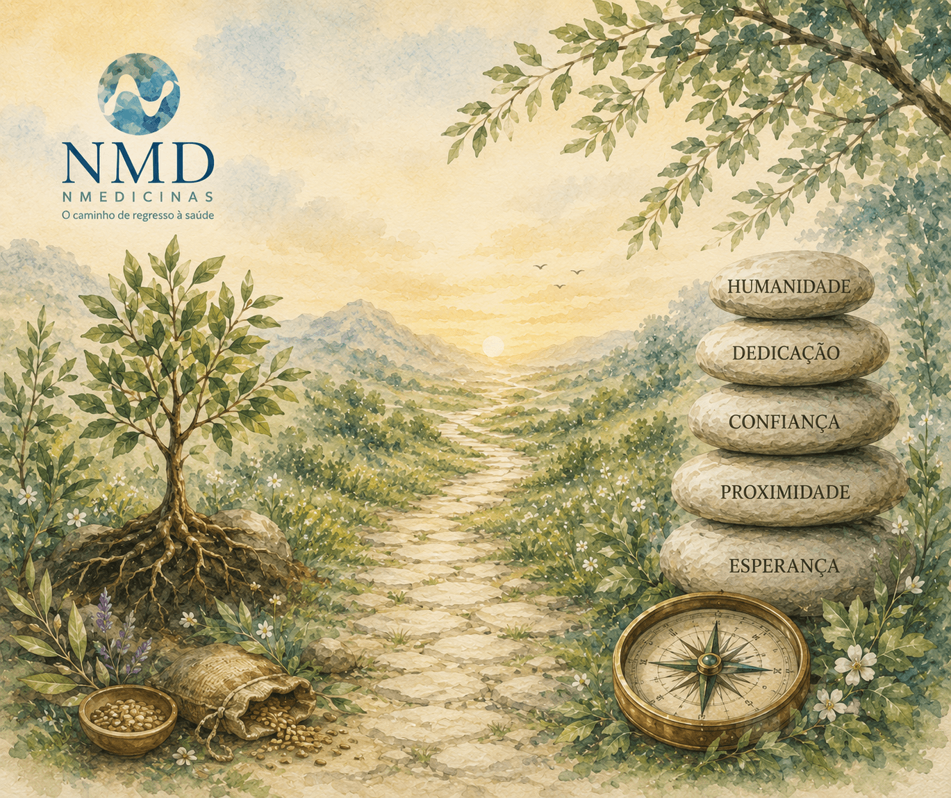 Ilustração em aguarela NMD representando os valores da Nmedicinas através de uma árvore enraizada, simbolizando humanidade, confiança, dedicação e proximidade no cuidado da saúde.