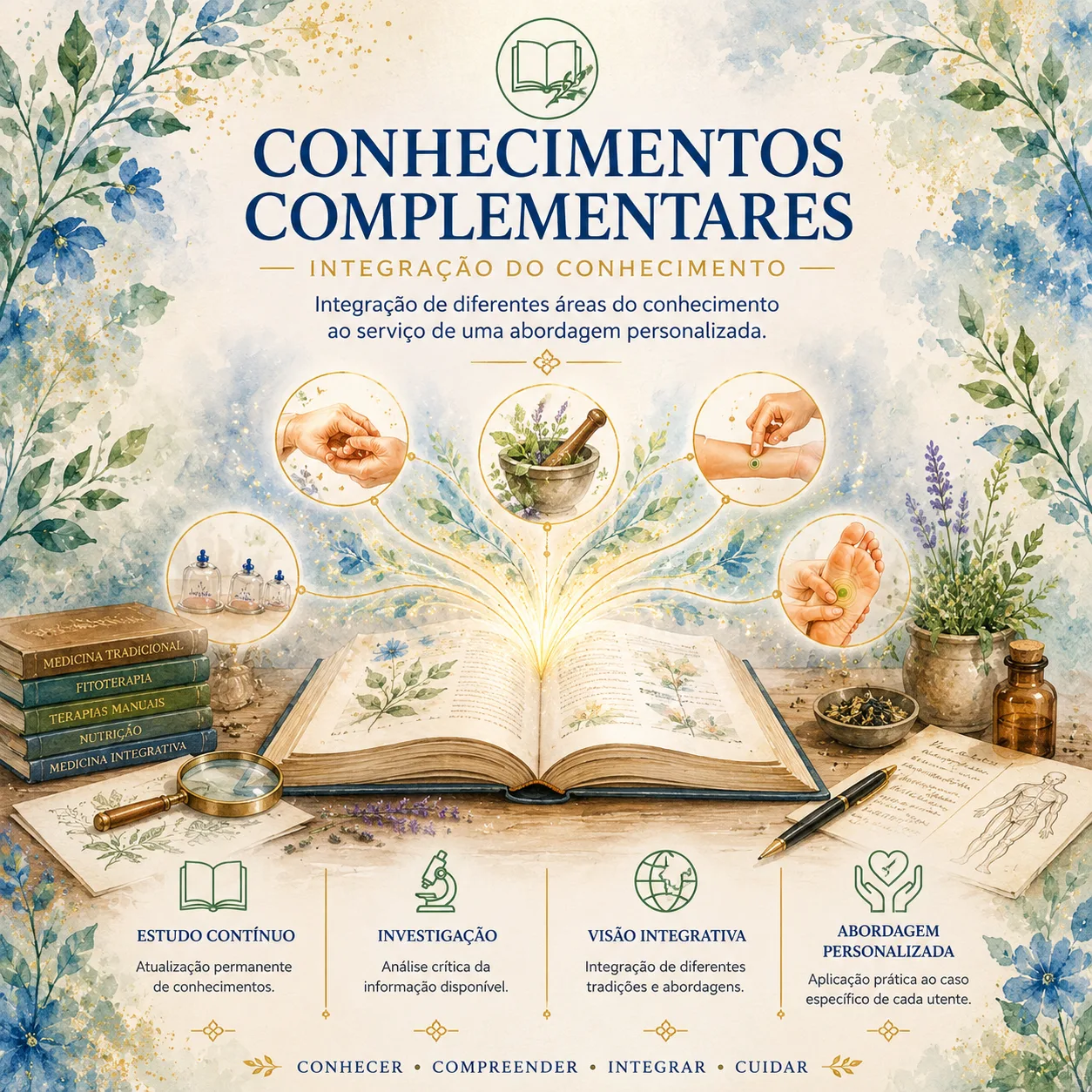 Infográfico ilustrado sobre conhecimentos complementares utilizados na abordagem integrativa da Nmedicinas.
