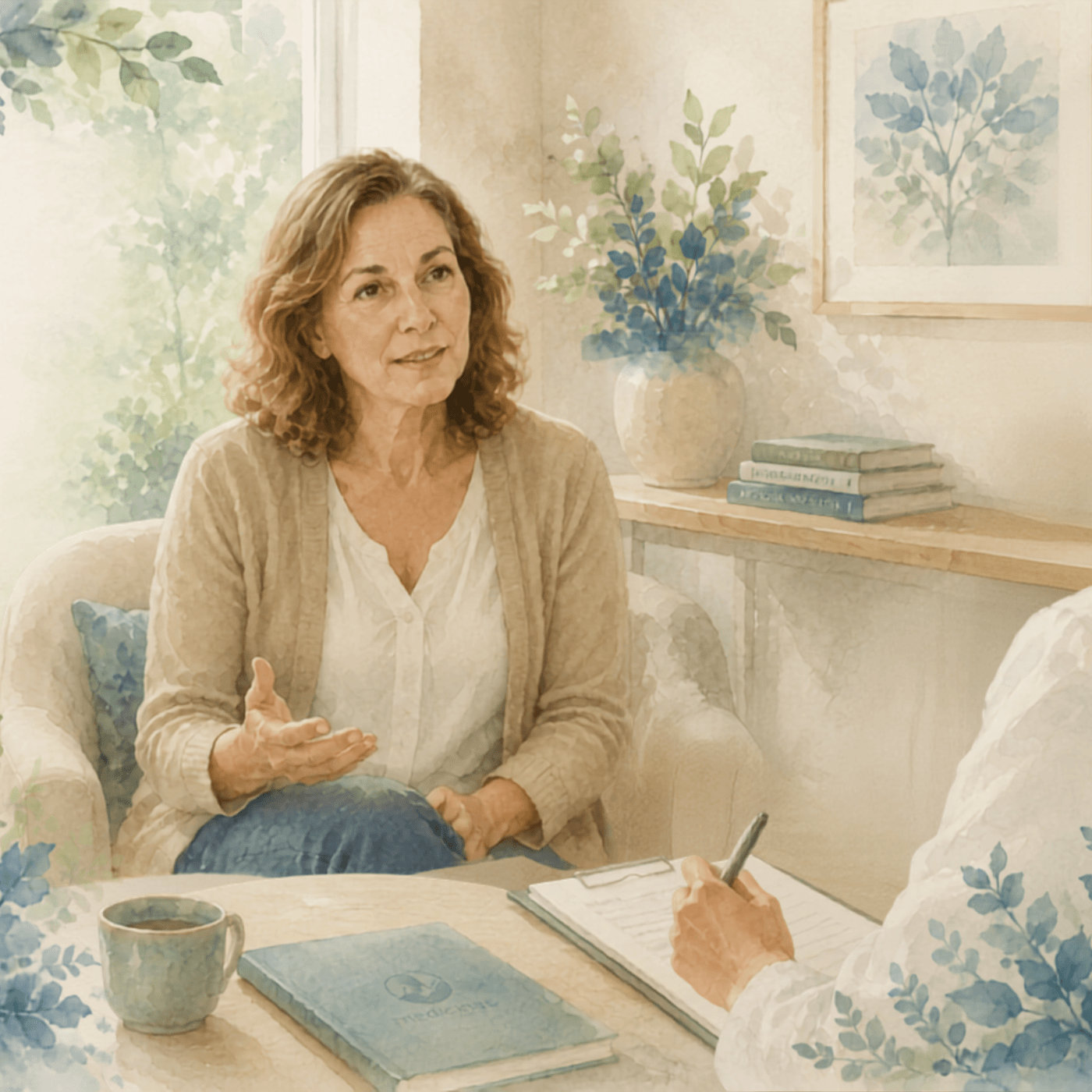Ilustração de uma conversa clínica durante a primeira consulta.