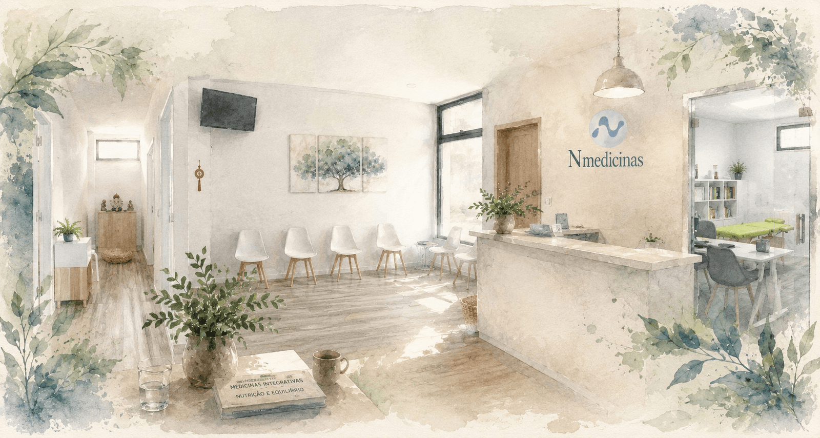 Ilustração em aguarela inspirada no espaço da Nmedicinas, mostrando a receção, a sala de espera, o corredor e o consultório, num ambiente sereno, luminoso e acolhedor.