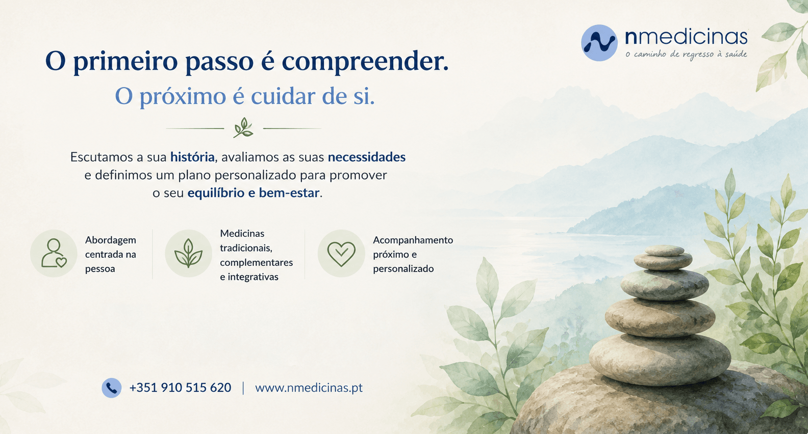 Ilustração em aguarela que representa uma abordagem centrada na pessoa, integrando medicinas tradicionais, complementares e integrativas num acompanhamento próximo e personalizado.