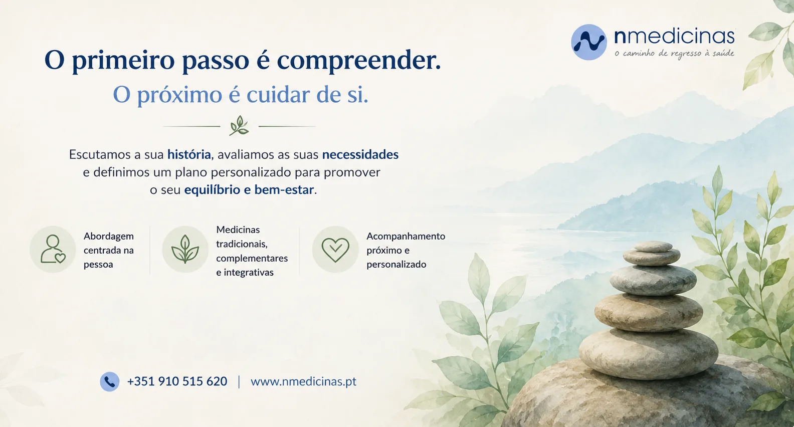 Ilustração em aguarela que representa uma abordagem centrada na pessoa, integrando medicinas tradicionais, complementares e integrativas num acompanhamento próximo e personalizado.