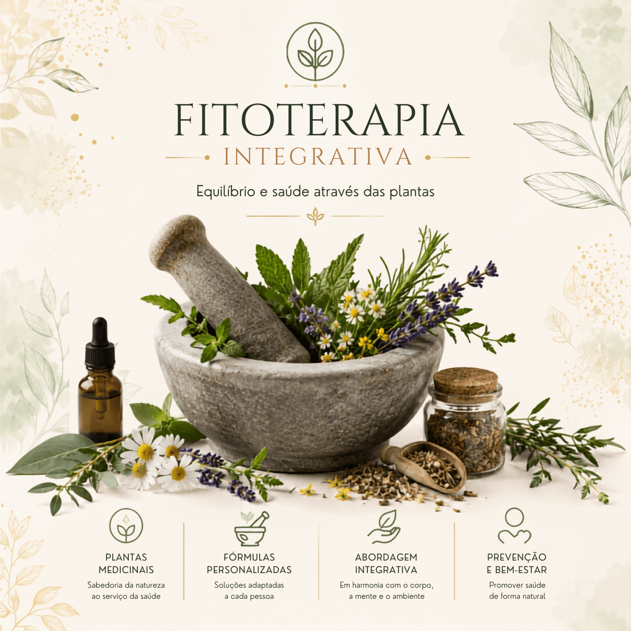 Infográfico ilustrado sobre a utilização da Fitoterapia Integrativa como apoio natural à saúde.