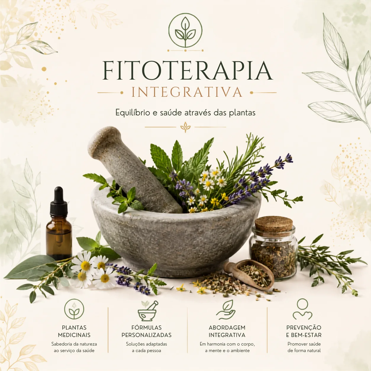 Infográfico ilustrado sobre a utilização da Fitoterapia Integrativa como apoio natural à saúde.