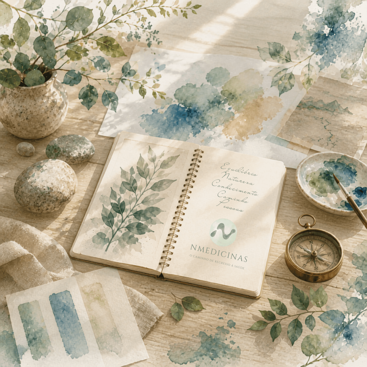 Caderno de estudo com o símbolo da Nmedicinas em aguarela, rodeado por pedras naturais, folhas e materiais artísticos, representando a identidade visual e a filosofia da Nmedicinas.