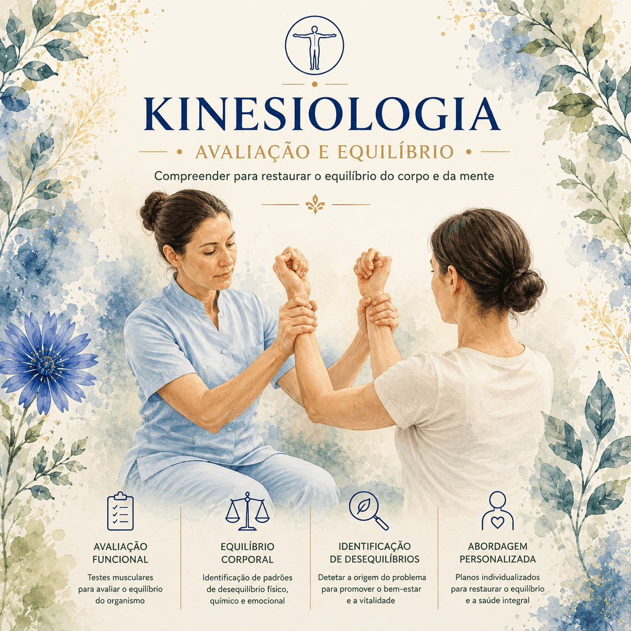 Infográfico ilustrado sobre a Kinesiologia e a avaliação funcional do movimento humano.