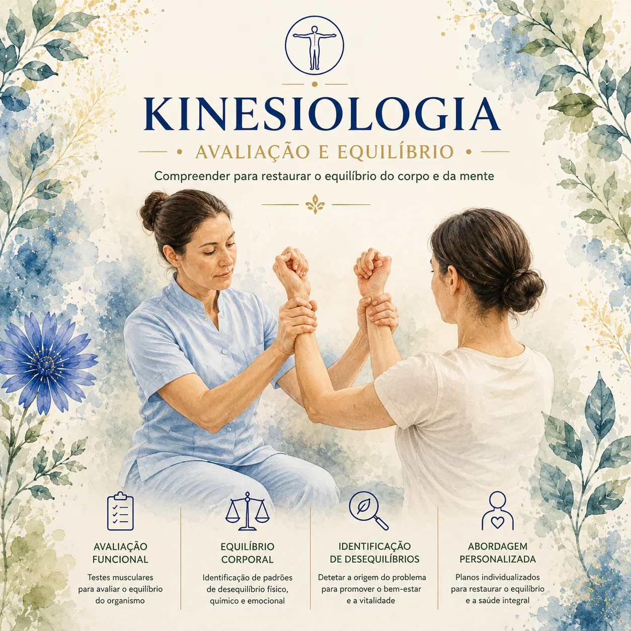 Infográfico ilustrado sobre a Kinesiologia e a avaliação funcional do movimento humano.