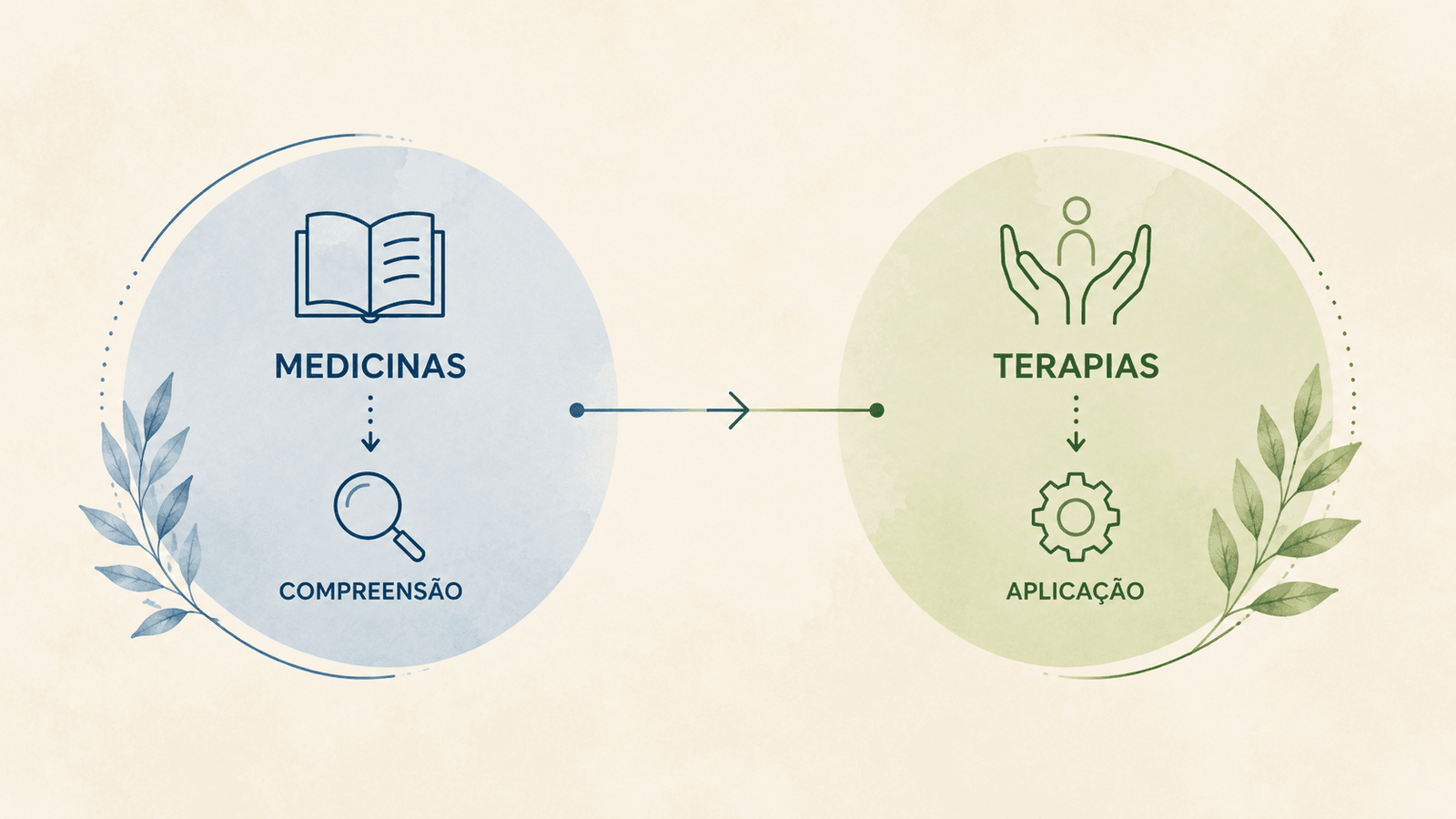 Infográfico que explica a relação entre as medicinas, responsáveis pela compreensão da pessoa, e as terapias, responsáveis pela aplicação do plano de acompanhamento.