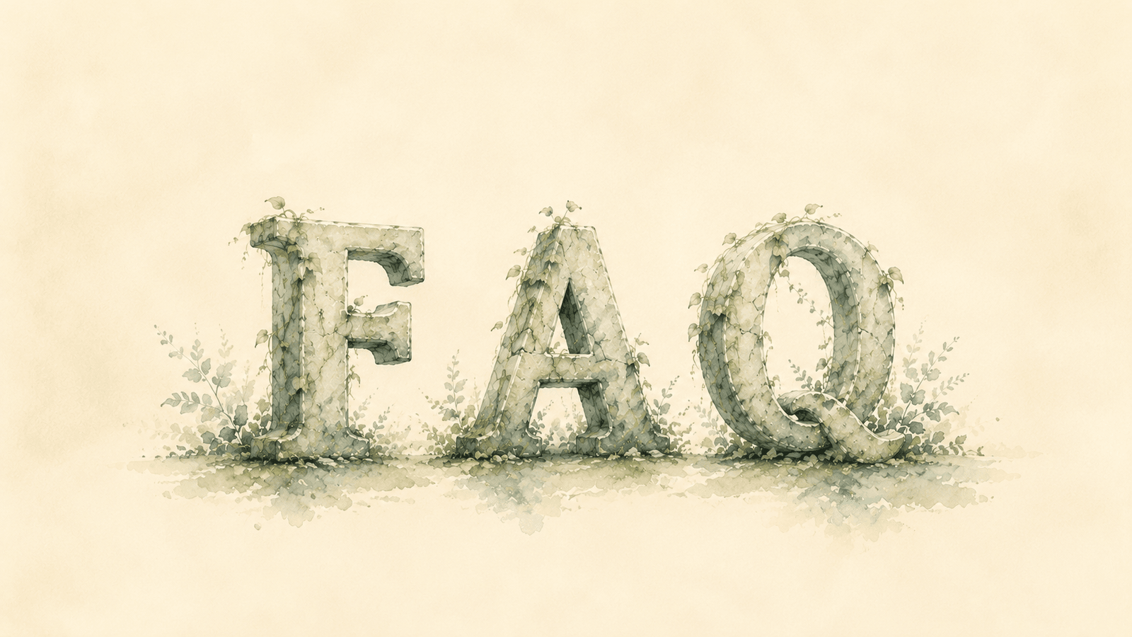 Ilustração em aguarela com as letras "FAQ" esculpidas em pedra, envolvidas por trepadeiras e plantas, simbolizando respostas claras e acessíveis às perguntas mais frequentes.