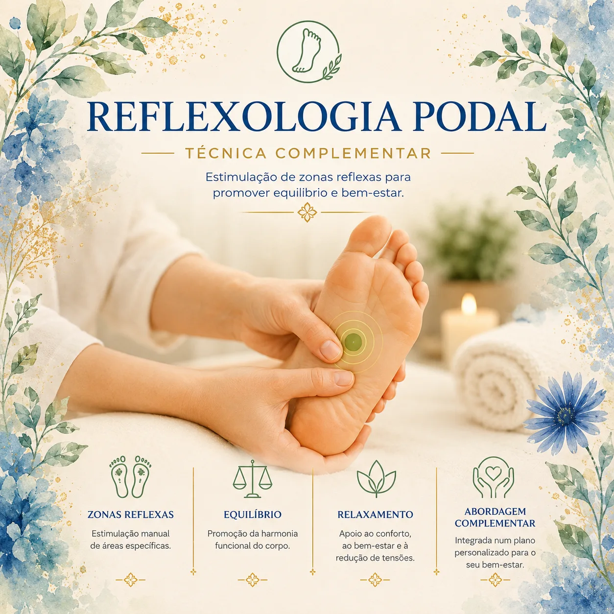 Infográfico ilustrado sobre a Reflexologia Podal e a sua aplicação na abordagem integrativa da saúde.
