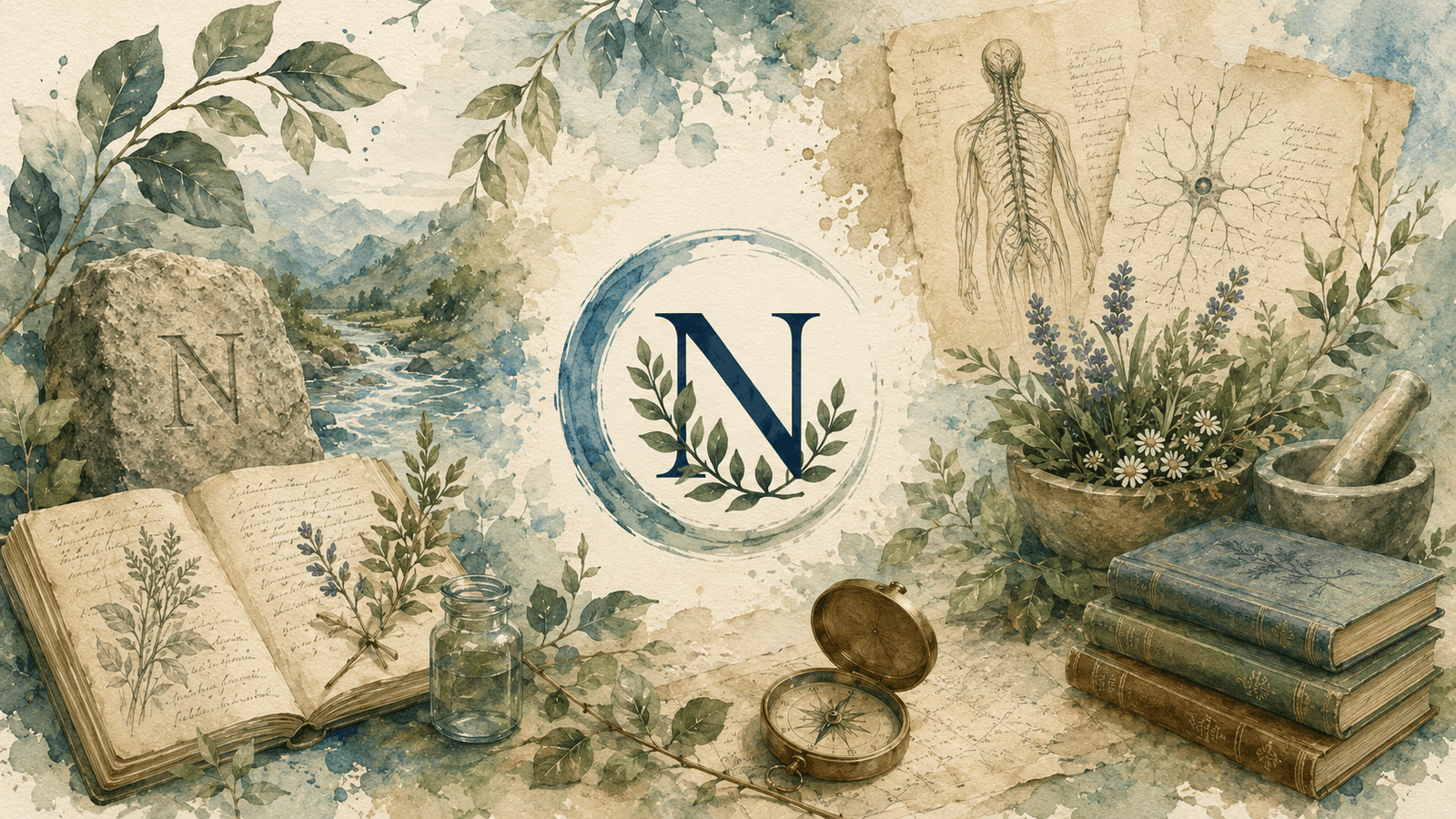 Ilustração em aguarela que representa o significado do nome Nmedicinas através de elementos naturais, livros, plantas medicinais, neurofisiologia e conhecimento.