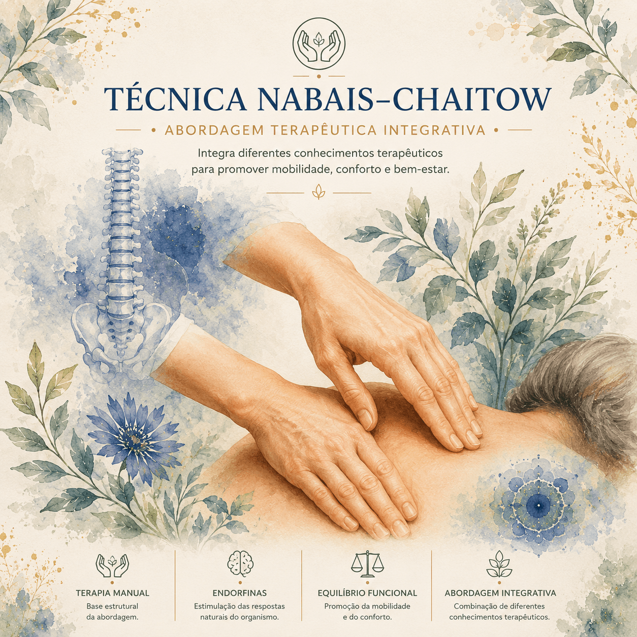 Infográfico ilustrado sobre a Técnica Terapia Manual Nabais-Chaitow desenvolvida pelo Dr. Nabais.