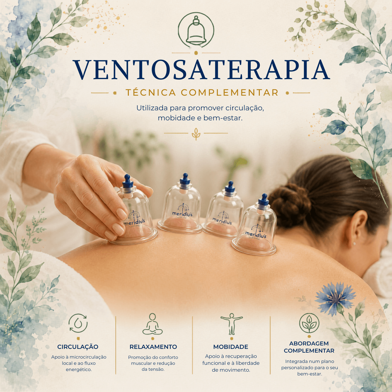 Infográfico ilustrado sobre a Ventosaterapia como técnica complementar de apoio à saúde.