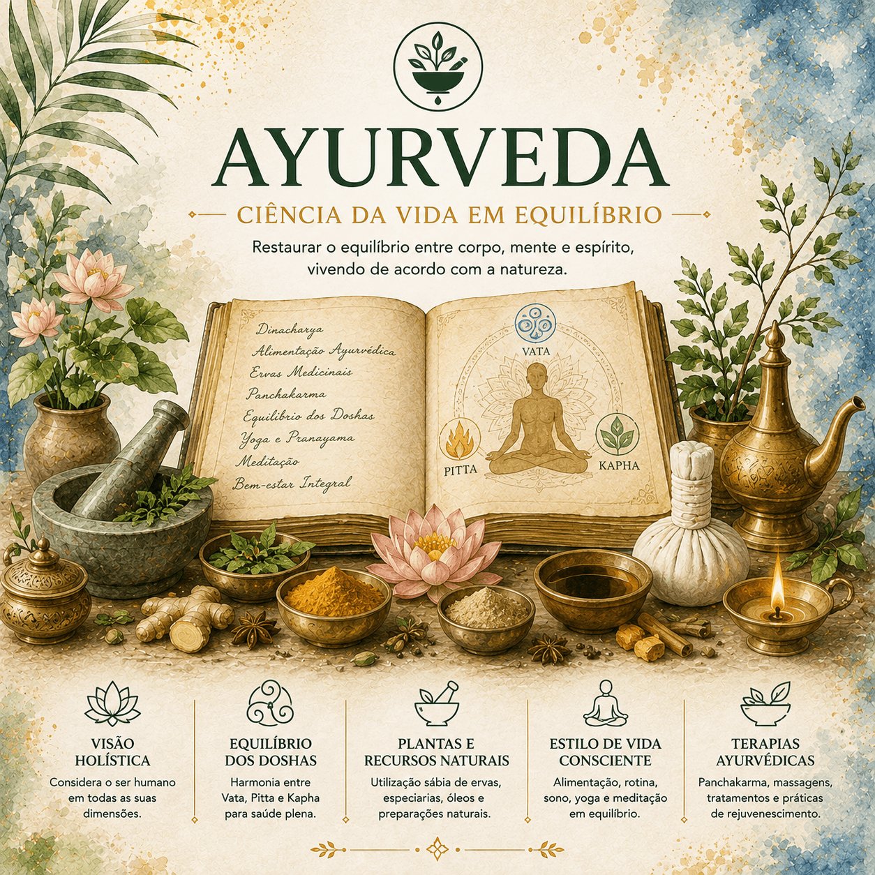 Ilustração em aguarela sobre Ayurveda, com livro dos Doshas, plantas, especiarias, almofariz, óleo, lótus e utensílios tradicionais indianos.