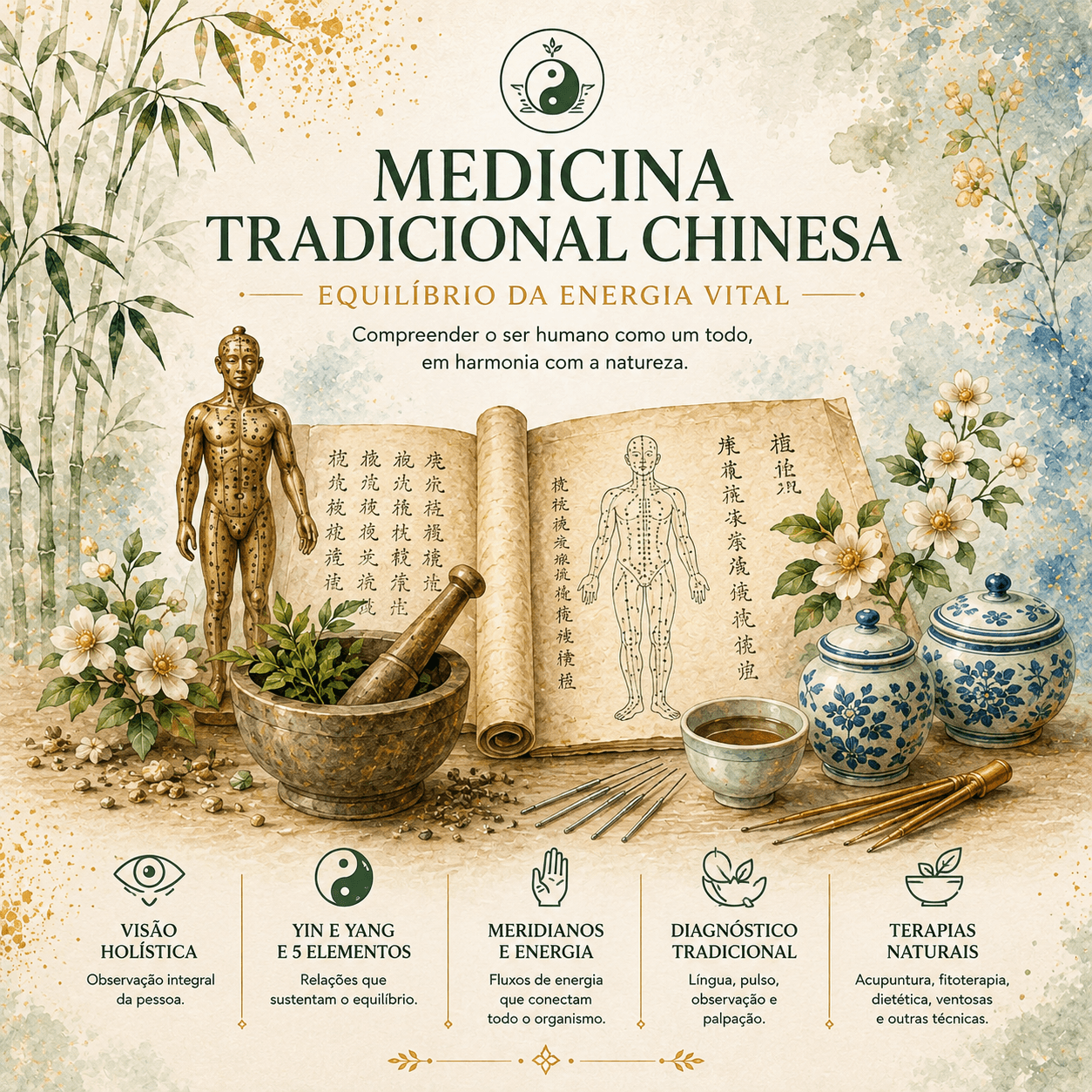 Ilustração em aguarela sobre Medicina Tradicional Chinesa, com livro de meridianos, plantas medicinais, modelo de acupuntura e instrumentos tradicionais.