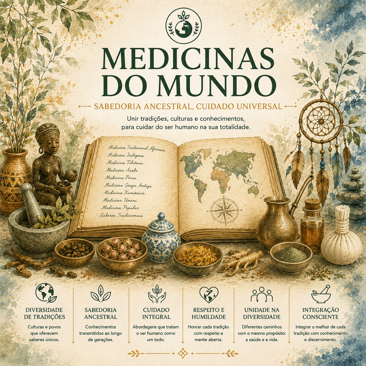 Ilustração em aguarela sobre medicinas tradicionais do mundo, com livro aberto, mapa-múndi, plantas medicinais e objetos de diferentes tradições.