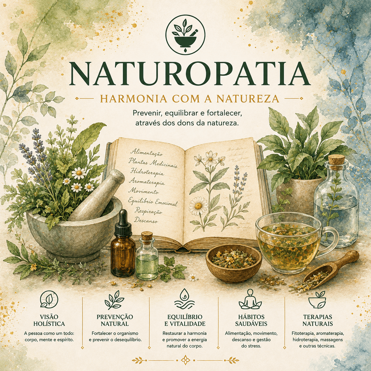 Ilustração em aguarela sobre Naturopatia, com plantas medicinais, livro de botânica, almofariz, extratos naturais e infusão de ervas.